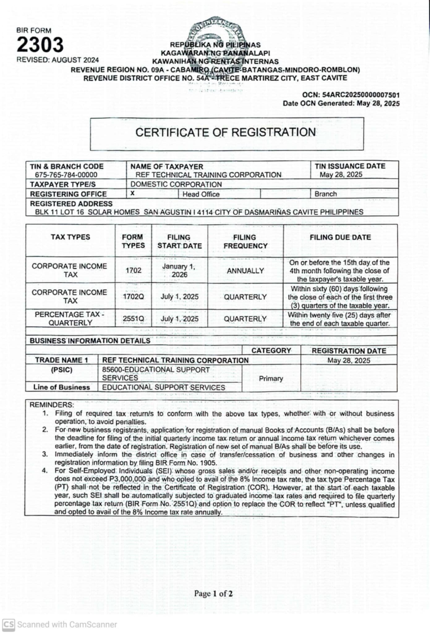 BIR Permit Page 1